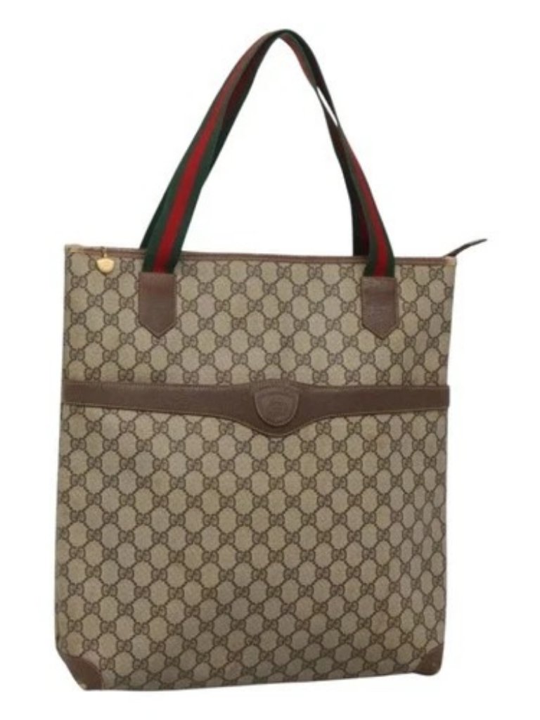 Gucci Gg Supreme Web Sherry Line Tote Bag Pvc Beige Green Red Auth Ba943